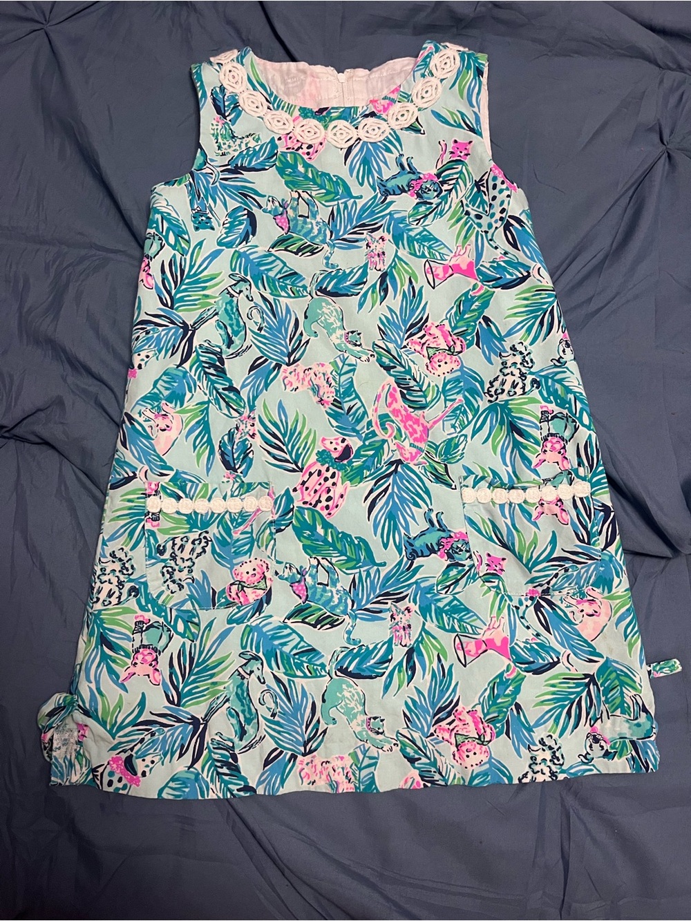 Lilly Pulitzer Aqua Tropical Leaf A-Line Dress with Pink Accents